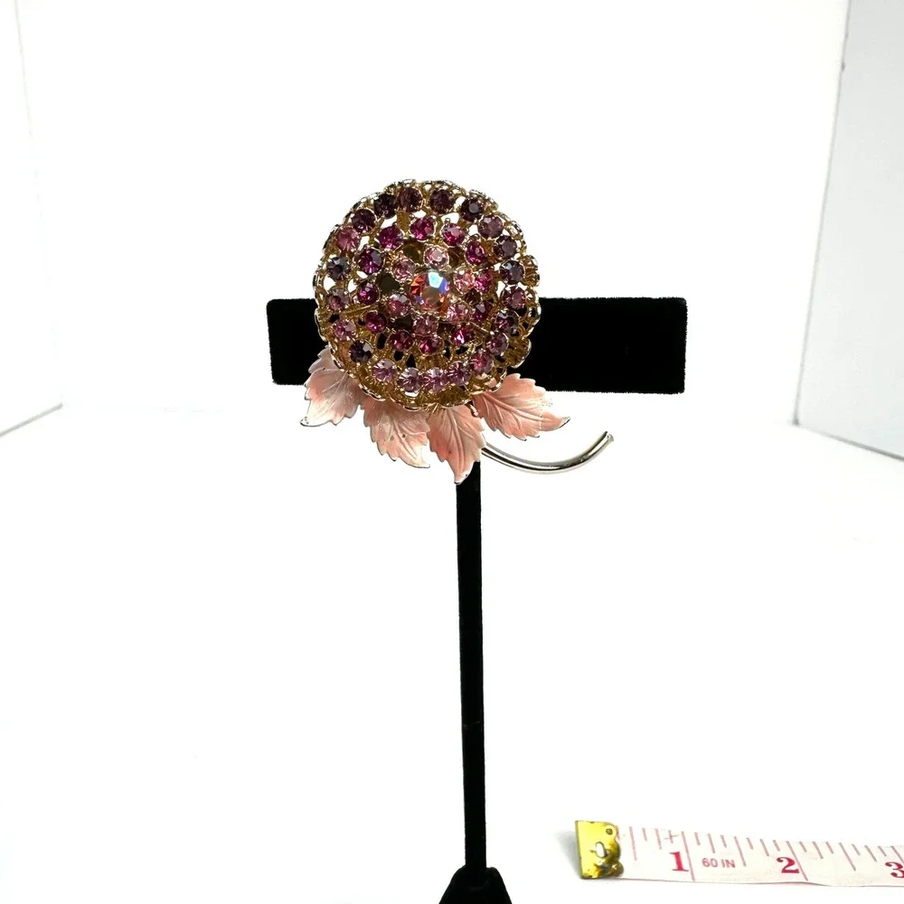 Vintage Gold Tone Purple Rhinestone Pink Enamel Leaf Floral Filigree Brooch Pin